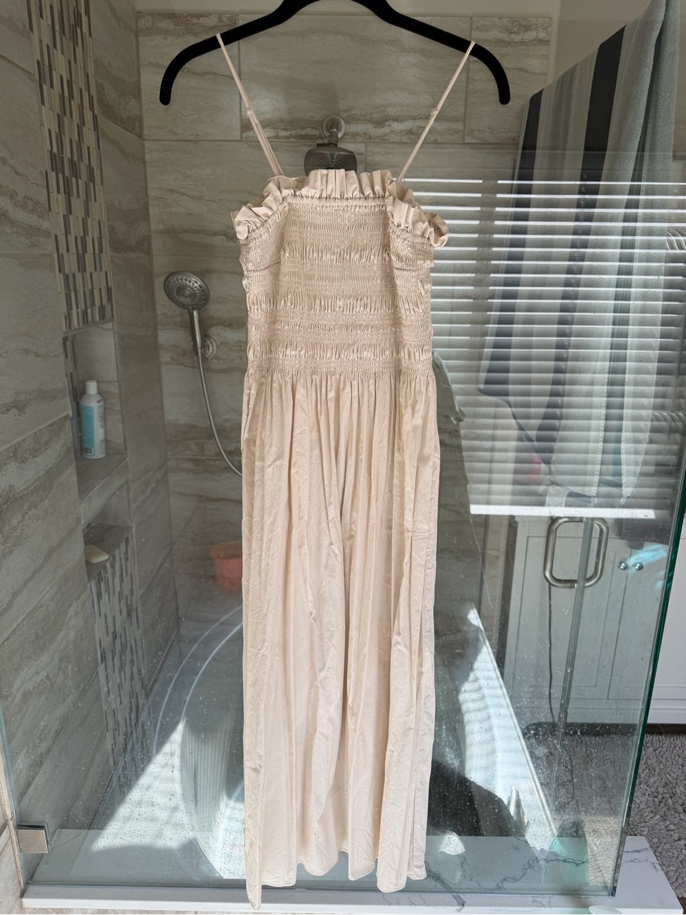 H&M Light Beige Smocked Ruffle Strap Maxi Dress